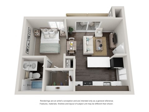 The Aspen Studio floor plan with 480 square feet at Willow Grove Apartments, Sacramento, CA 95825 